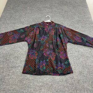 Vintage Jerri Sherman Blouse Women Multicolor Silk Paisley Floral Mock Neck Boho